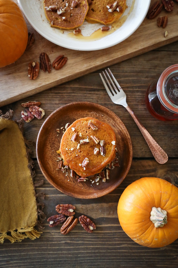 Gluten-Free Pumpkin Pancakes with Cinnamon-Bourbon Syrup | TheRoastedRoot.net #healthy #breakfast #recipe #glutenfree