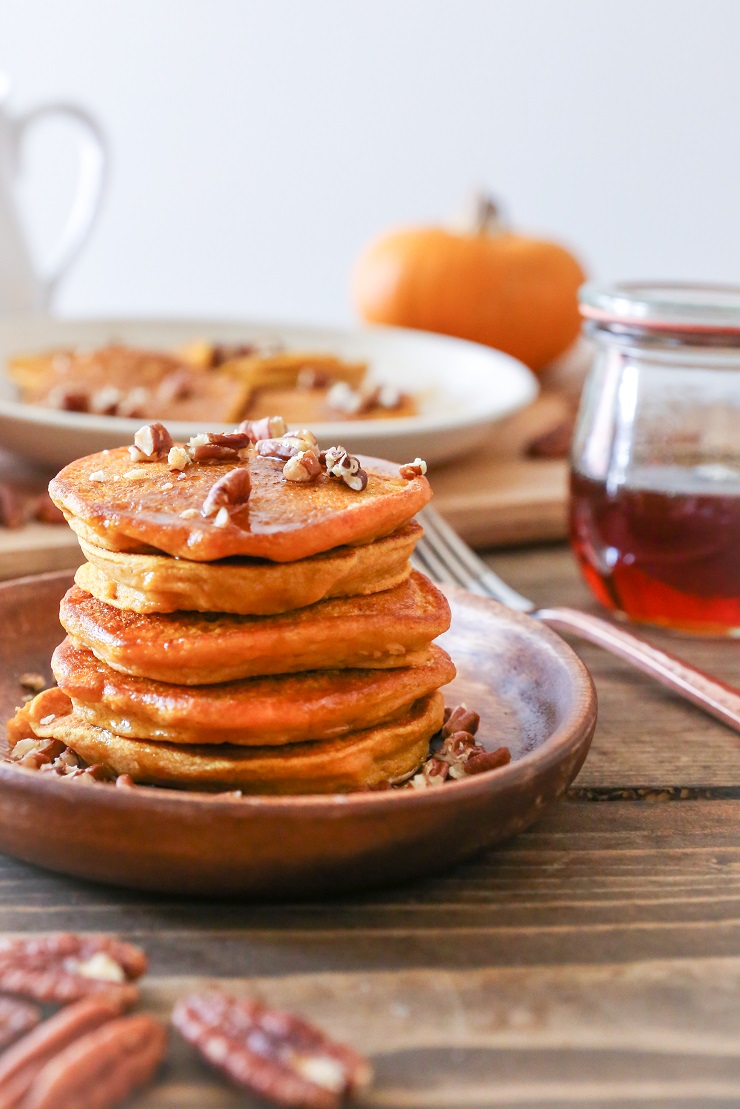 Gluten-Free Pumpkin Pancakes with Cinnamon-Bourbon Syrup | TheRoastedRoot.net #healthy #breakfast #recipe #glutenfree