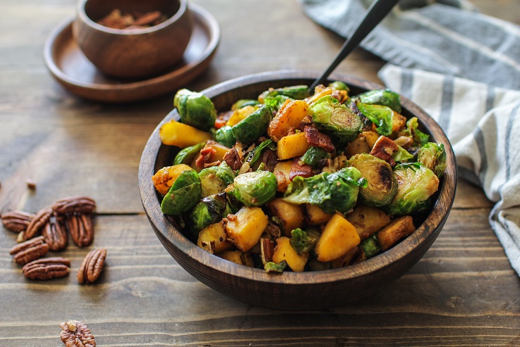 HEALTHY HOLIDAY SIDE DISHES Cinnamon-Maple Sauteed Acorn Squash and Brussels Sprouts with Bacon | TheRoastedRoot.net #healthy #sidedish #paleo #holiday