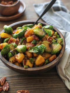 Cinnamon-Maple Sauteed Acorn Squash and Brussels Sprouts with Bacon | TheRoastedRoot.net #healthy #sidedish #paleo #holiday