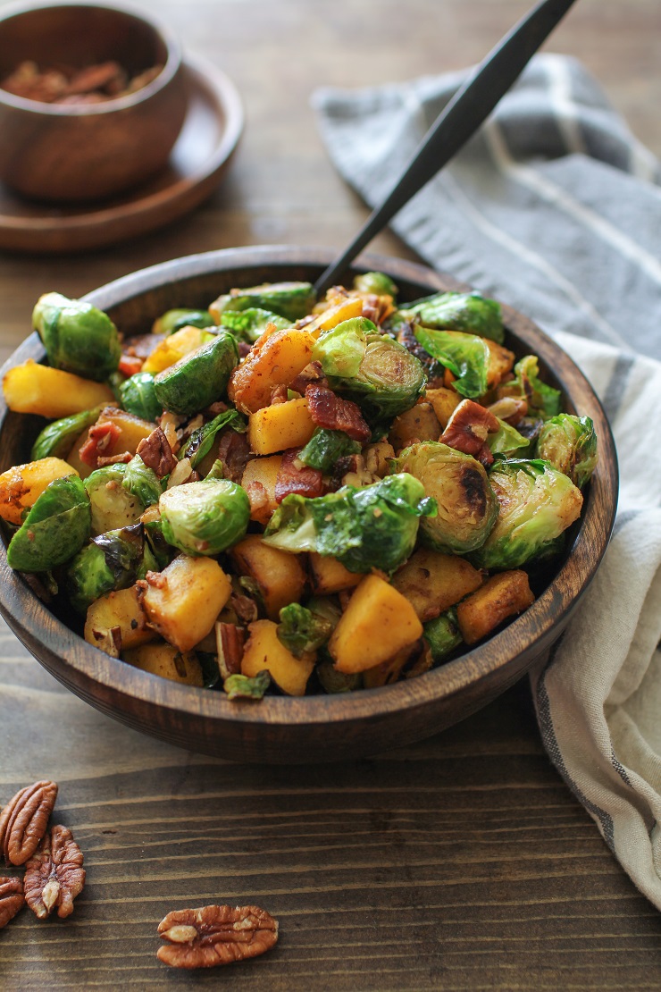 Cinnamon-Maple Sauteed Acorn Squash and Brussels Sprouts with Bacon | TheRoastedRoot.net #healthy #sidedish #paleo #holiday