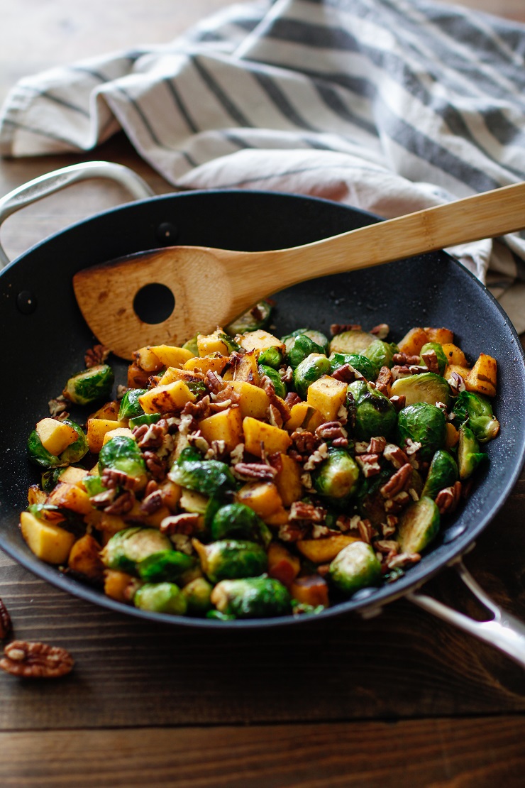 Cinnamon-Maple Sauteed Acorn Squash and Brussels Sprouts with Bacon | TheRoastedRoot.net #healthy #sidedish #paleo #holiday