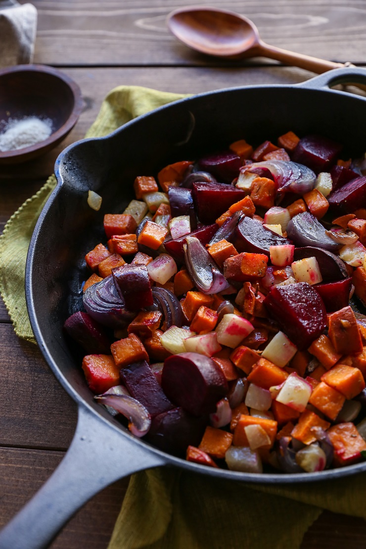 HEALTHY HOLIDAY SIDE DISHES Oven-Roasted Root Vegetables - a superfood nutritious side dish that requires very little effort to make! | TheRoastedRoot.net #healthy #recipe #sidedish #rootvegetables #vegan
