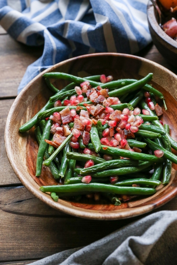 Pan-Fried Bacon Green Beans with Pomegranate Seeds - a healthful, festive side dish perfect for holiday gatherings | TheRoastedRoot.net #glutenfree #vegetables #thanksgiving
