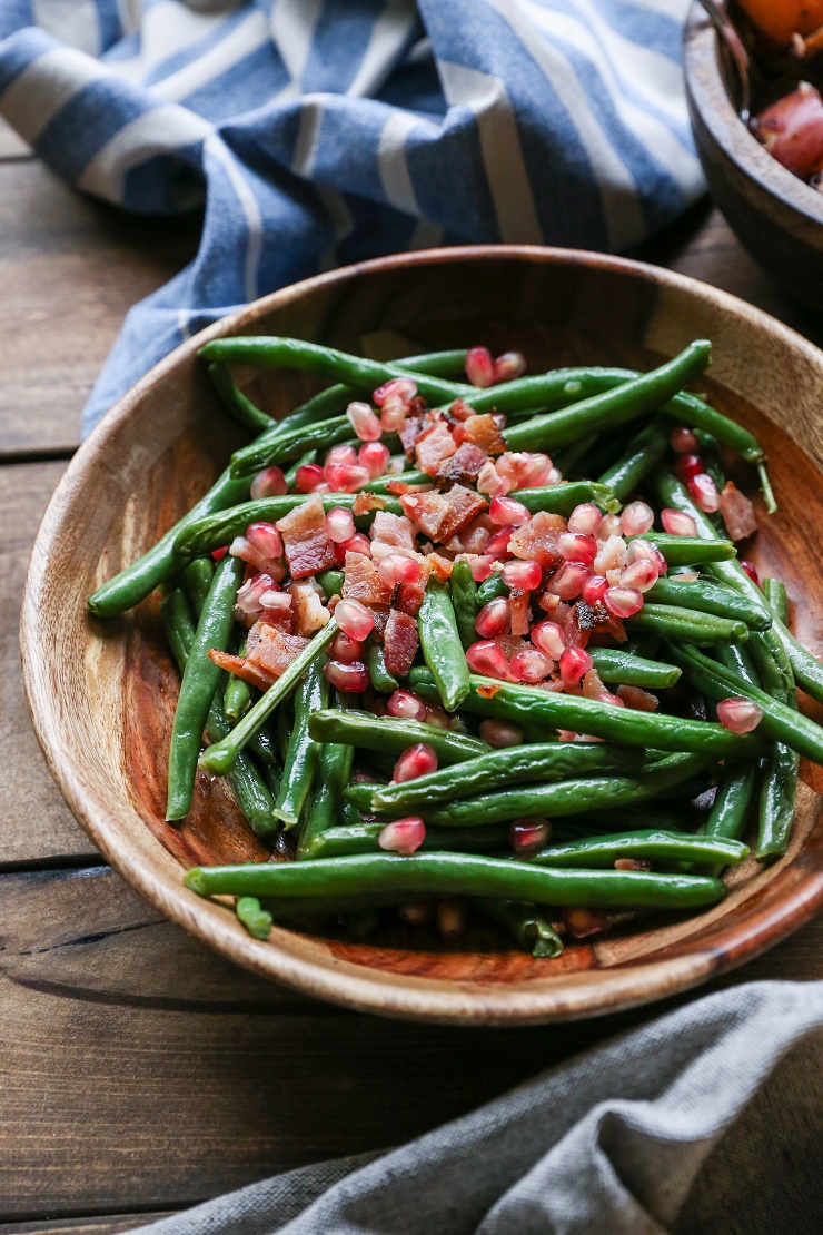 HEALTHY HOLIDAY SIDE DISHES Pan-Fried Bacon Green Beans with Pomegranate Seeds - a healthful, festive side dish perfect for holiday gatherings | TheRoastedRoot.net #glutenfree #vegetables #thanksgiving