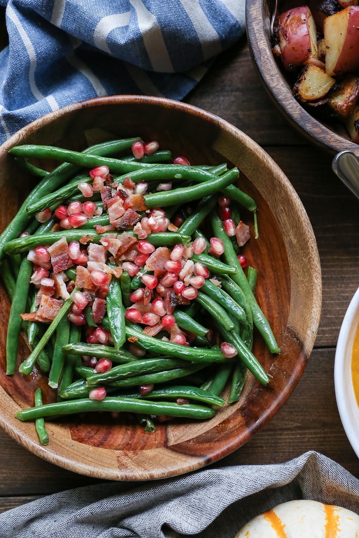 Pan-Fried Bacon Green Beans with Pomegranate Seeds - a healthful, festive side dish perfect for holiday gatherings | TheRoastedRoot.net #glutenfree #vegetables #thanksgiving