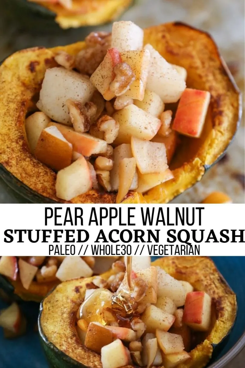 Pear Apple Walnut Stuffed Acorn Squash - an easy, delicious fall side dish that is paleo, whole30, and vegetarian