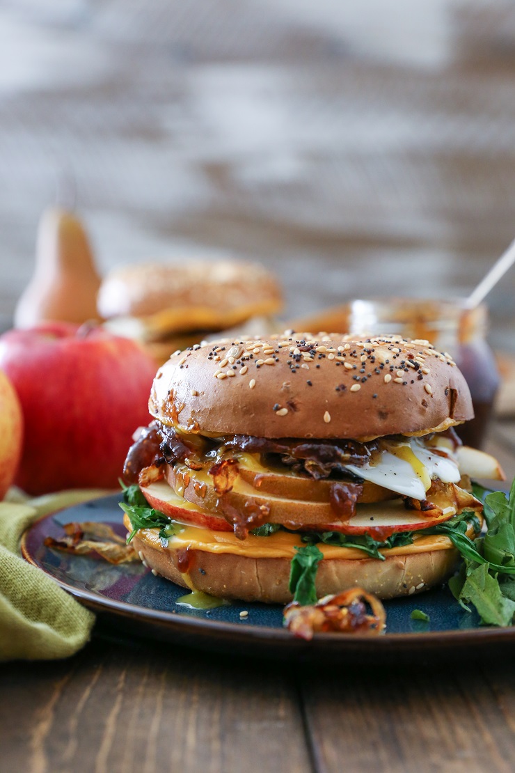 Pear Apple Cheddar Caramelized Onion Grilled Cheese Bagel Sandwiches | TheRoastedRoot.net #vegetarian #healthy #recipe