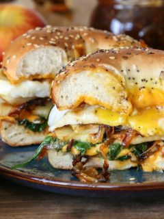 Pear Apple Cheddar Caramelized Onion Grilled Cheese Bagel Sandwiches | TheRoastedRoot.net #vegetarian #healthy #recipe