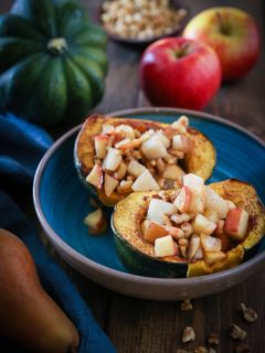 Pear, Apple, Walnut Stuffed Acorn Squash | TheRoastedRoot.net #healthy #recipe #sidedish #holiday #fall #glutenfree #paleo