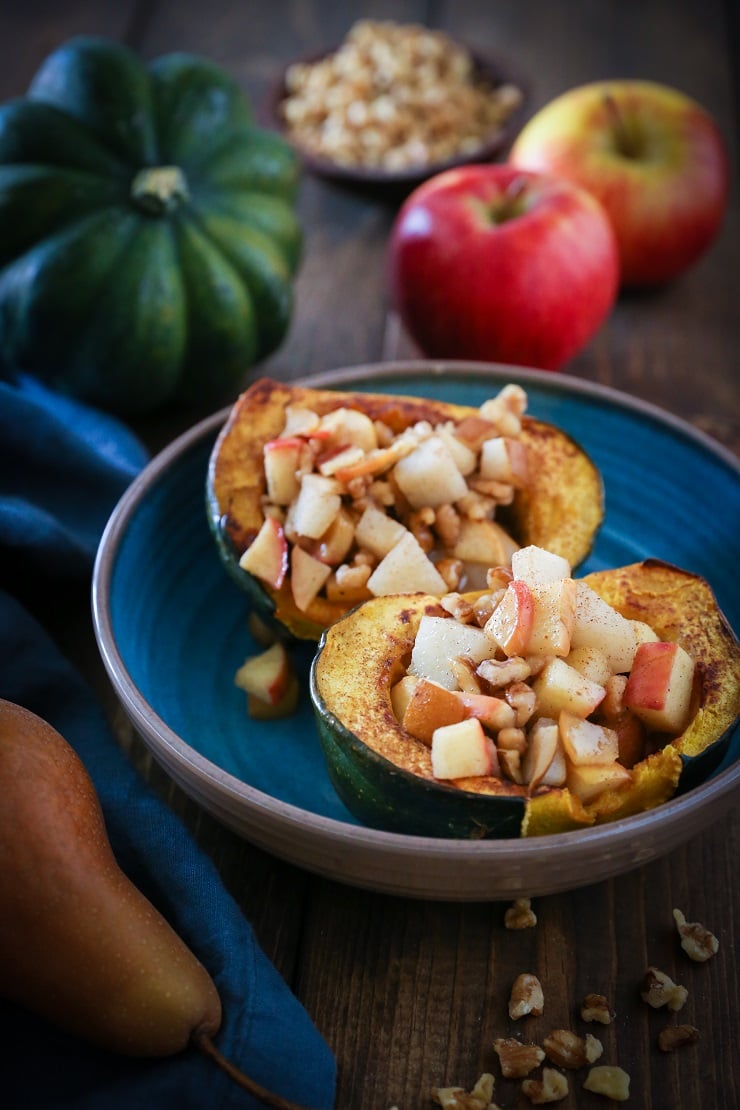 Pear, Apple, Walnut Stuffed Acorn Squash | TheRoastedRoot.net #healthy #recipe #sidedish #holiday #fall #glutenfree #paleo