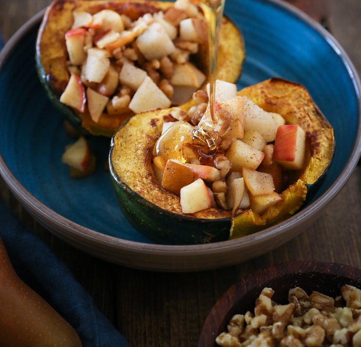 Pear, Apple, Walnut Stuffed Acorn Squash | TheRoastedRoot.net #healthy #recipe #sidedish #holiday #fall #glutenfree #paleo