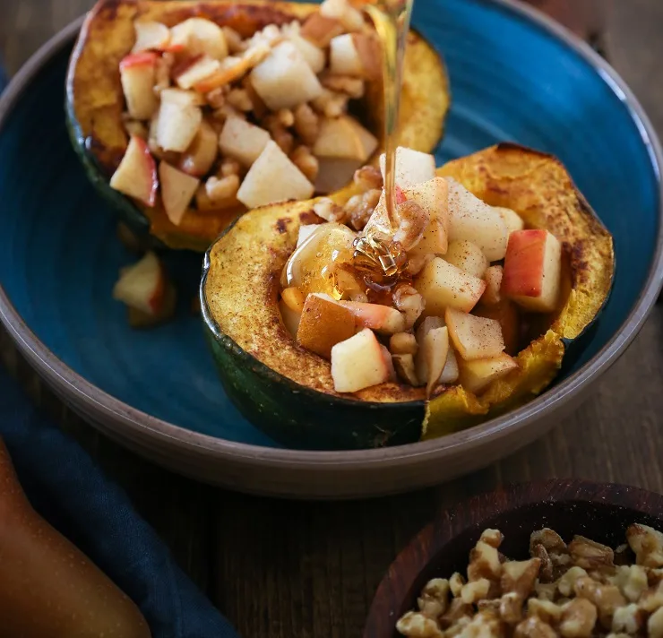 Pear, Apple, Walnut Stuffed Acorn Squash | TheRoastedRoot.net #healthy #recipe #sidedish #holiday #fall #glutenfree #paleo