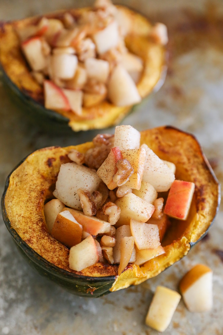 Pear, Apple, Walnut Stuffed Acorn Squash | TheRoastedRoot.net #healthy #recipe #sidedish #holiday #fall #glutenfree #paleo