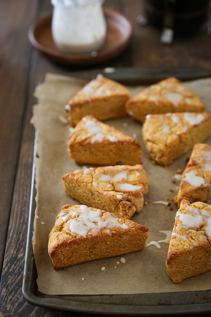 Vegan Pumpkin Scones with Coffee Glaze - gluten-free and refined sugar-free | TheRoastedRoot.net #glutenfree #vegan #healthy #breakfast