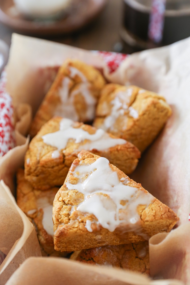 Vegan Pumpkin Scones with Coffee Glaze - gluten-free and refined sugar-free | TheRoastedRoot.net #glutenfree #vegan #healthy #breakfast