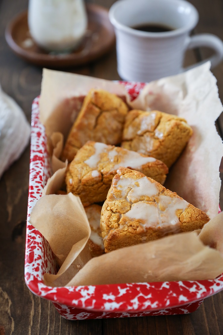 Vegan Pumpkin Scones with Coffee Glaze - gluten-free and refined sugar-free | TheRoastedRoot.net #glutenfree #vegan #healthy #breakfast