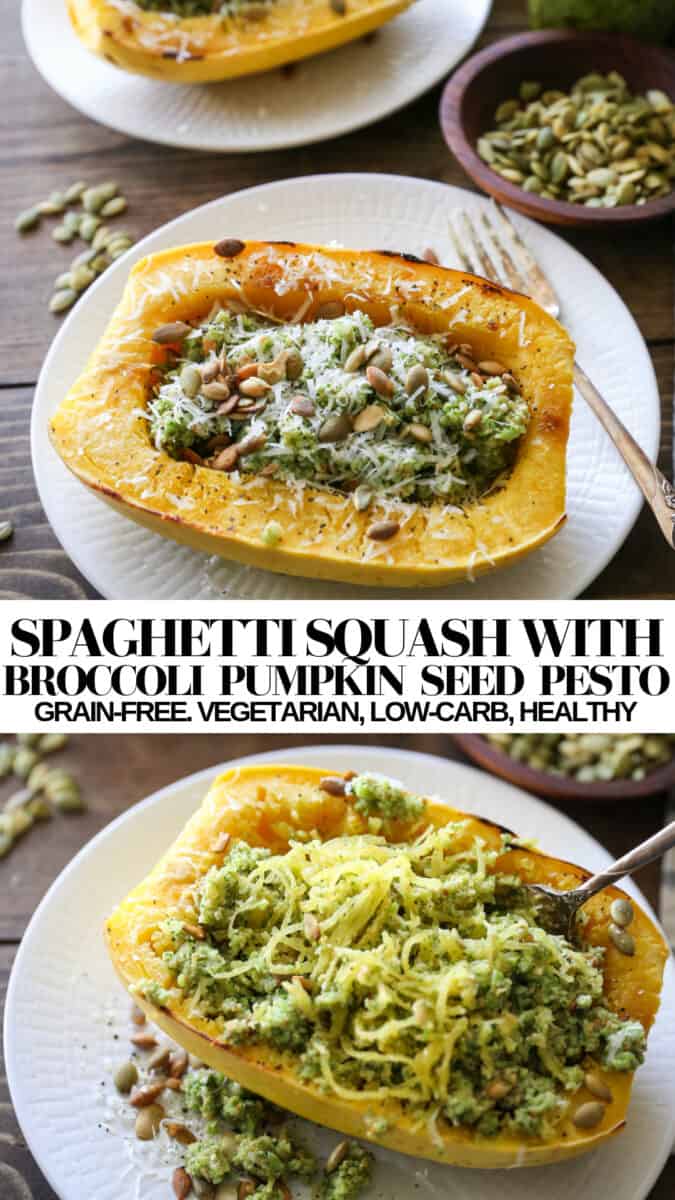 Spaghetti Squash with Broccoli Pumpkin Seed Pesto - a simple, healthy vegetarian dinner recipe