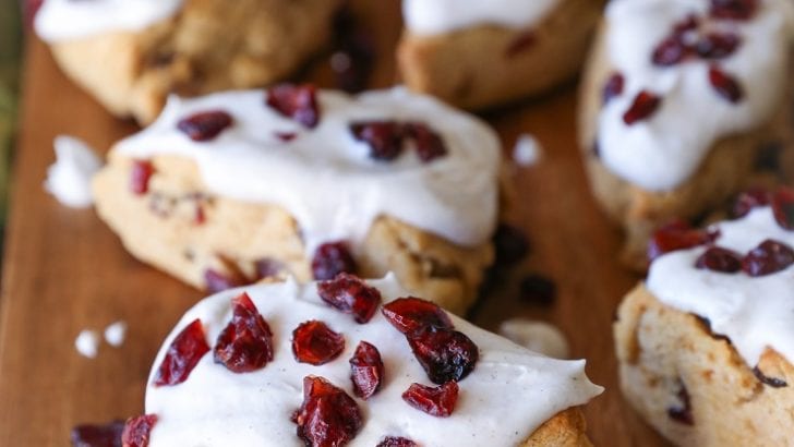 Gluten-Free Cranberry Scones with Chai Glaze - naturally sweetened and lightened up! | TheRoastedRoot.net #healthy #breakfast #brunch #holiday