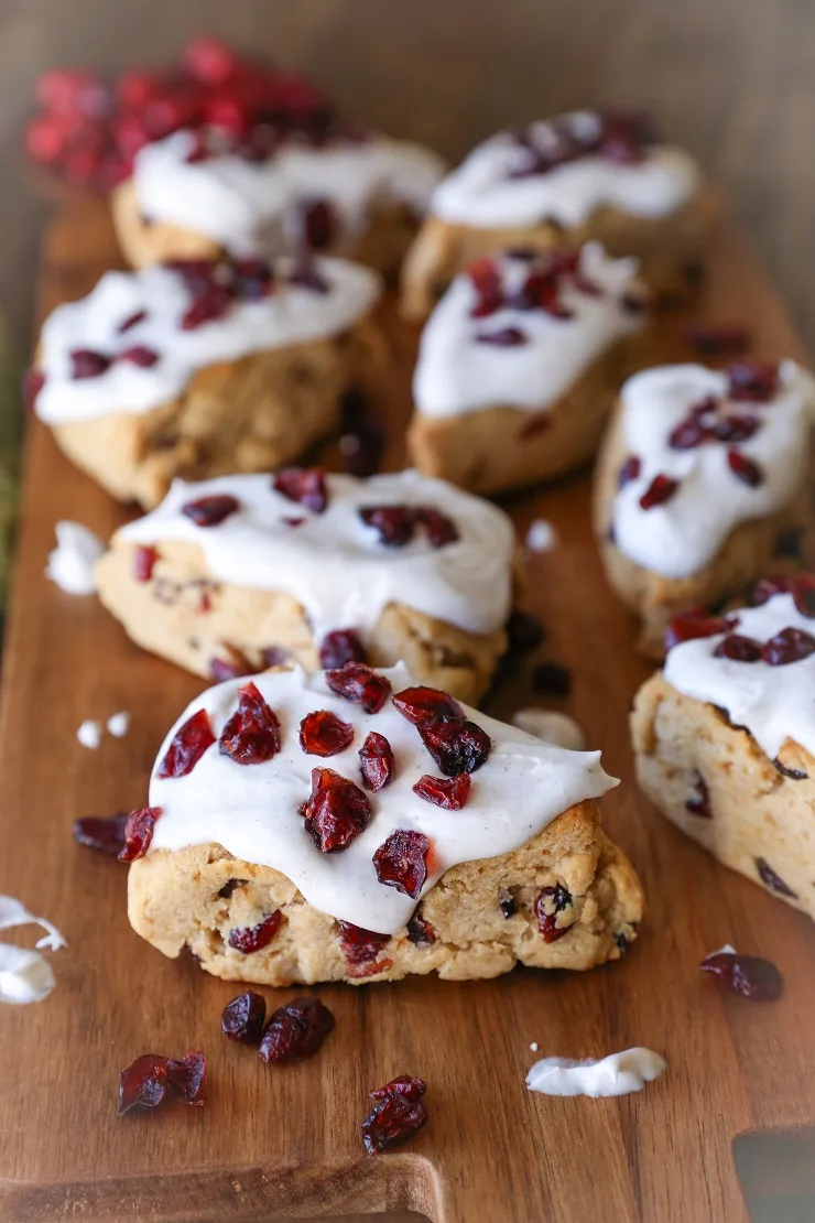 Gluten-Free Cranberry Scones with Chai Glaze - naturally sweetened and lightened up! | TheRoastedRoot.net #healthy #breakfast #brunch #holiday 