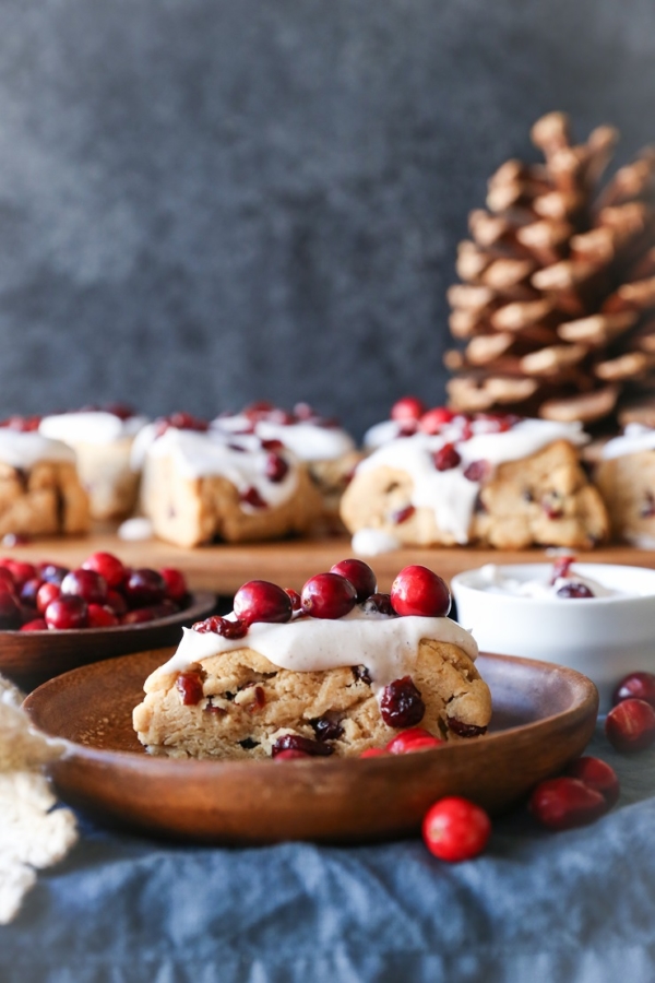 Gluten-Free Cranberry Scones with Chai Glaze - naturally sweetened and lightened up! | TheRoastedRoot.net #healthy #breakfast #brunch #holiday
