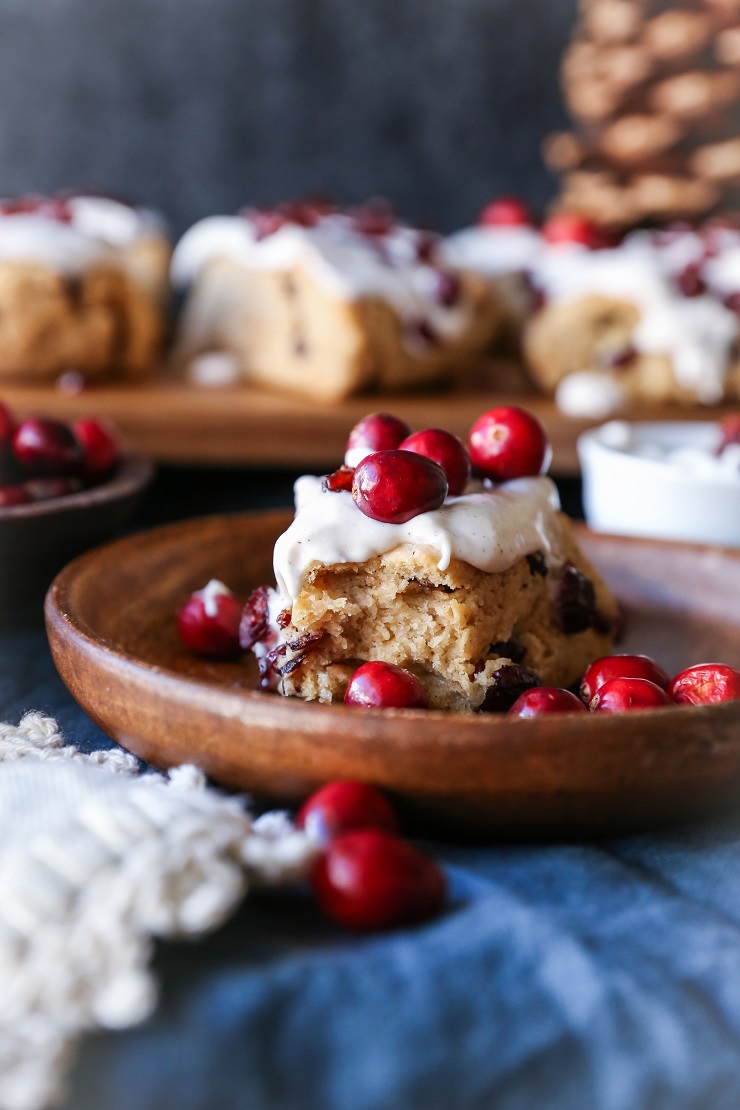 Gluten-Free Cranberry Scones with Chai Glaze - naturally sweetened and lightened up! | TheRoastedRoot.net #healthy #breakfast #brunch #holiday 