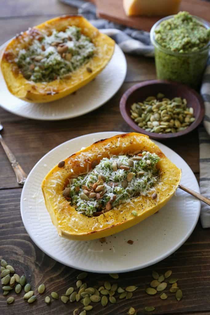 Spaghetti Squash with Broccoli Pumpkin Seed Pesto | TheRoastedRoot.net #healthy #dinner #recipe #glutenfree #almostpaleo #vegetarian