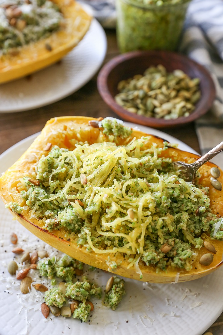 SPAGHETTI SQUASH WITH BROCCOLI-PUMPKIN SEED PESTO Spaghetti Squash with Broccoli Pumpkin Seed Pesto | TheRoastedRoot.net #healthy #dinner #recipe #glutenfree #almostpaleo #vegetarian