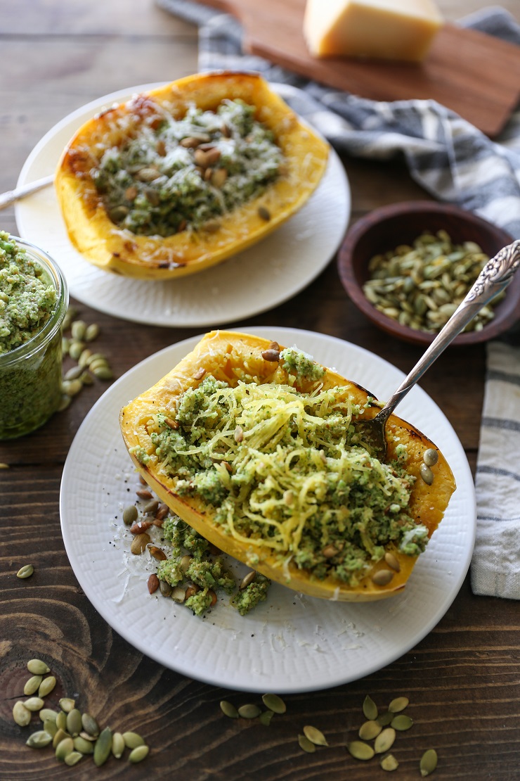 SPAGHETTI SQUASH WITH BROCCOLI-PUMPKIN SEED PESTO Spaghetti Squash with Broccoli Pumpkin Seed Pesto | TheRoastedRoot.net #healthy #dinner #recipe #glutenfree #almostpaleo #vegetarian
