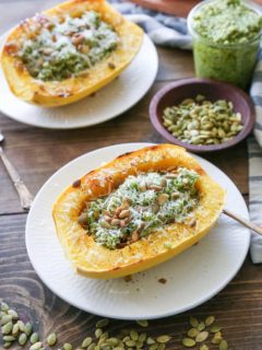 Spaghetti Squash with Broccoli-Pumpkin Seed Pesto #vegetarian #glutenfree #healthy #dinner #recipe