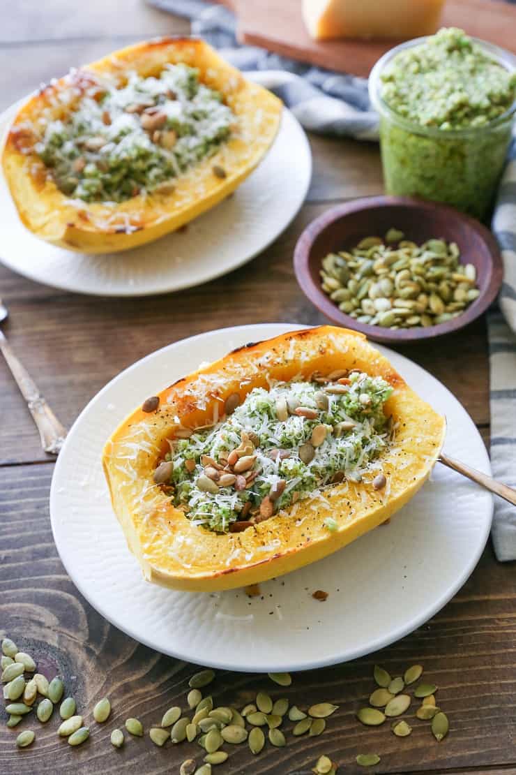 Spaghetti Squash with Broccoli-Pumpkin Seed Pesto #vegetarian #glutenfree #healthy #dinner #recipe