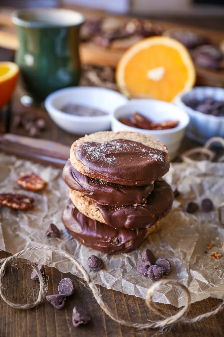 Chocolate Dipped Cardamom Orange Paleo Shortbread Cookies (Vegan) | TheRoastedRoot.net #healthy #dessert #recipe #glutenfree #sugarfree #paleo #holiday #christmascookies