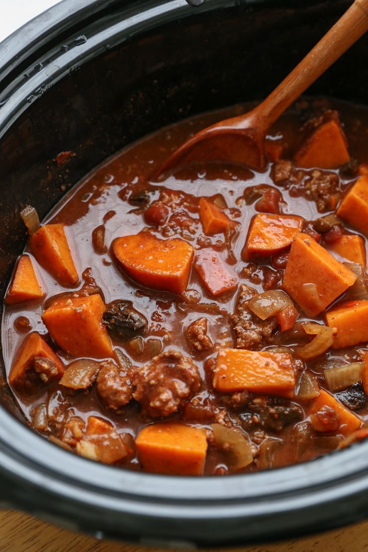 Crock Pot Boozy Bison and Sweet Potato Chili - bean-free and gluten-free and can easily be made paleo by omitting the booze. | TheRoastedRoot.net #healthy #glutenfree #dinner #slowcooker #recipe