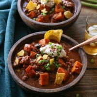 Crock Pot Boozy Bison and Sweet Potato Chili - bean-free and gluten-free and can easily be made paleo by omitting the booze. | TheRoastedRoot.net #healthy #glutenfree #dinner #slowcooker #recipe