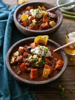 Crock Pot Boozy Bison and Sweet Potato Chili - bean-free and gluten-free and can easily be made paleo by omitting the booze. | TheRoastedRoot.net #healthy #glutenfree #dinner #slowcooker #recipe