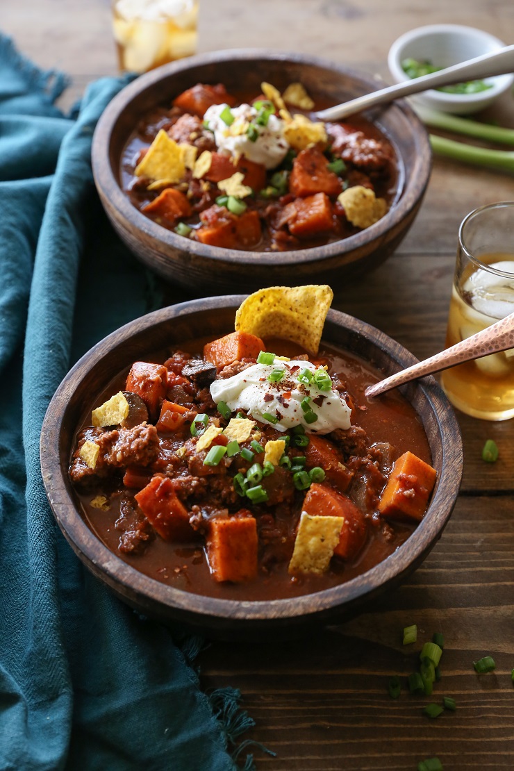 Crock Pot Boozy Bison and Sweet Potato Chili - bean-free and gluten-free and can easily be made paleo by omitting the booze. | TheRoastedRoot.net #healthy #glutenfree #dinner #slowcooker #recipe