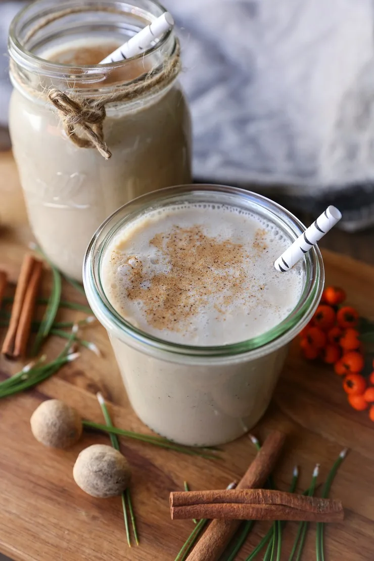 Dairy-Free Paleo Eggnog | TheRoastedRoot.net - made with coconut milk, almond milk, maple syrup, and coconut sugar for a refined sugar-free holiday treat #drink #recipe