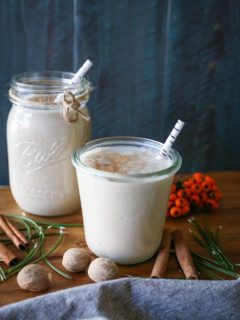 Dairy-Free Paleo Eggnog | TheRoastedRoot.net - made with coconut milk, almond milk, maple syrup, and coconut sugar for a refined sugar-free holiday treat #drink #recipe