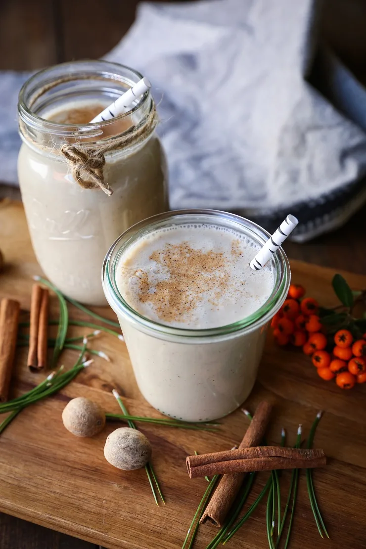 Dairy-Free Paleo Eggnog | TheRoastedRoot.net - made with coconut milk, almond milk, maple syrup, and coconut sugar for a refined sugar-free holiday treat #drink #recipe