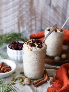 Eggnog Overnight Oatmeal - dairy-free, refined sugar-free, gluten-free, and healthy | TheRoastedRoot.net #breakfast #recipe #brunch #holiday #christmas