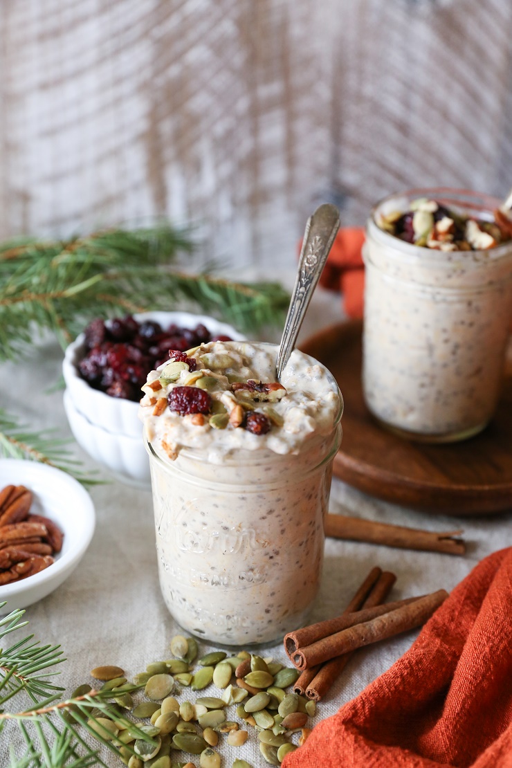 Eggnog Overnight Oatmeal - dairy-free, refined sugar-free, gluten-free, and healthy | TheRoastedRoot.net #breakfast #recipe #brunch #holiday #christmas