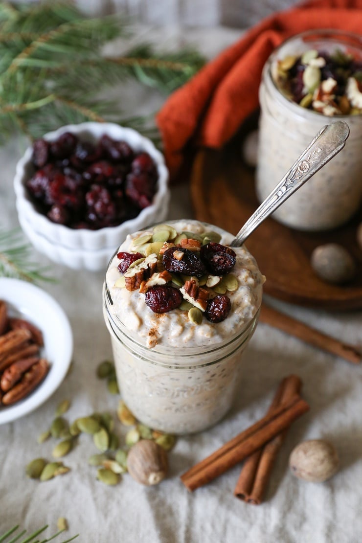 Eggnog Overnight Oatmeal - dairy-free, refined sugar-free, gluten-free, and healthy | TheRoastedRoot.net #breakfast #recipe #brunch #holiday #christmas