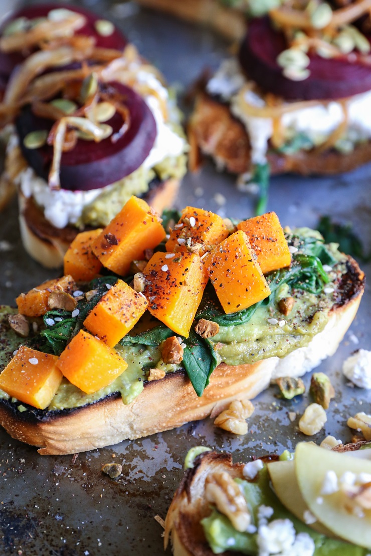 Roasted Butternut Squash, Spinach, and Dukkah Toasts + Healthy Winter Toast - 3 Ways! | TheRoastedRoot.net #vegetarian #toast #avocadotoast #glutenfree