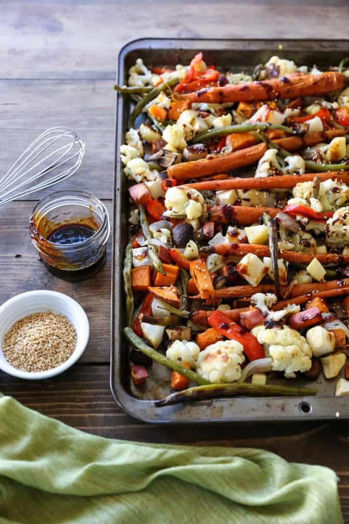Roasted Vegetables with Asian Honey Ginger Glaze | TheRoastedRoot.net #healthy #vegetarian #recipe
