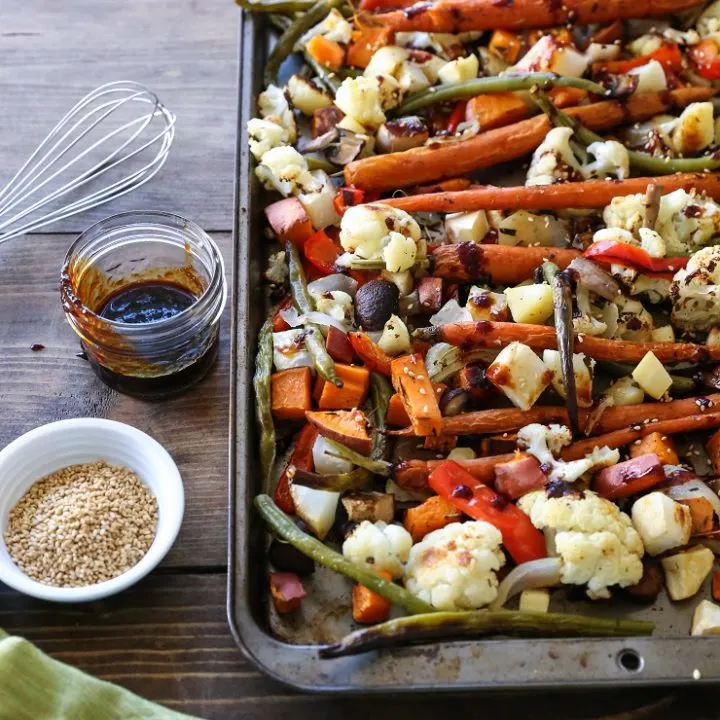 Roasted Vegetables with Asian Honey Ginger Glaze | TheRoastedRoot.net #healthy #vegetarian #recipe