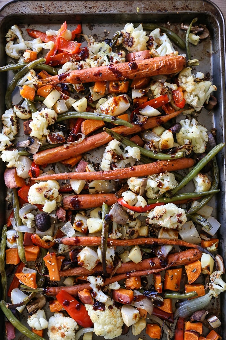 Roasted Vegetables with Asian Honey Ginger Glaze | TheRoastedRoot.net #healthy #vegetarian #recipe