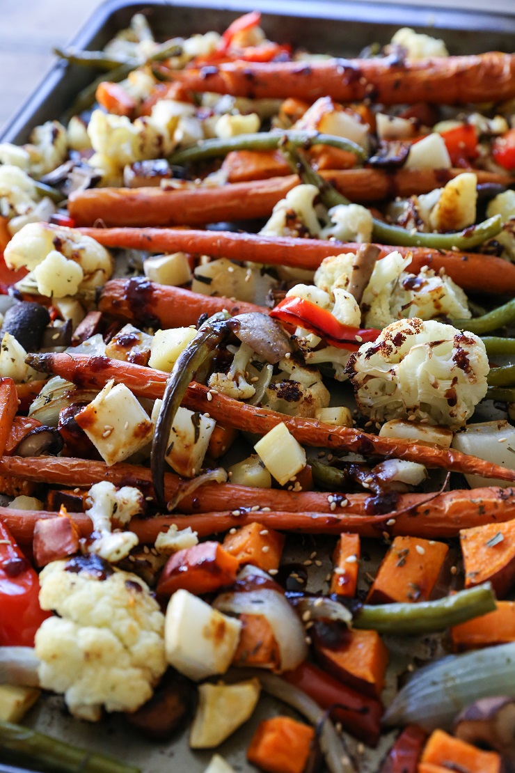 Roasted Vegetables with Asian Honey Ginger Glaze | TheRoastedRoot.net #healthy #vegetarian #recipe