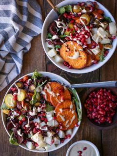 Roasted Winter Vegetable Rice Bowls with Nutmeg Tahini Dressing - a nutritious vegan meal | TheRoastedRoot.net #vegetarian #glutenfree #vegan #almostpaleo #lovebeets