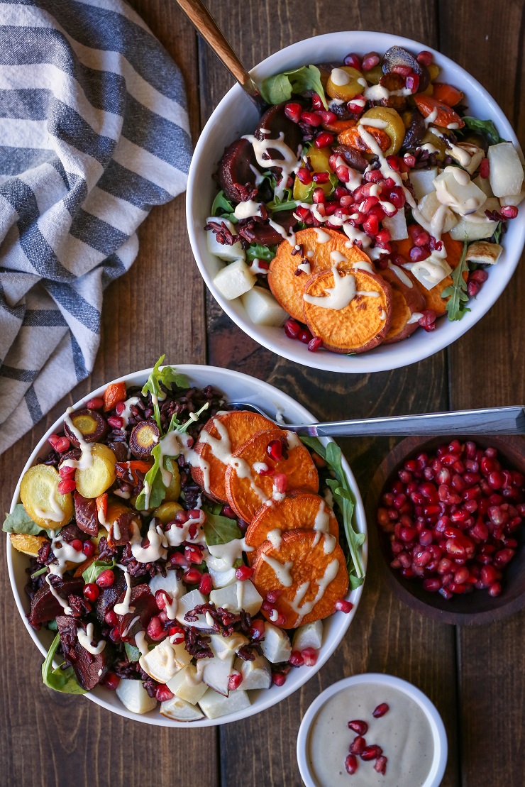 Roasted Winter Vegetable Rice Bowls with Nutmeg Tahini Dressing - a nutritious vegan meal | TheRoastedRoot.net #vegetarian #glutenfree #vegan #almostpaleo #lovebeets