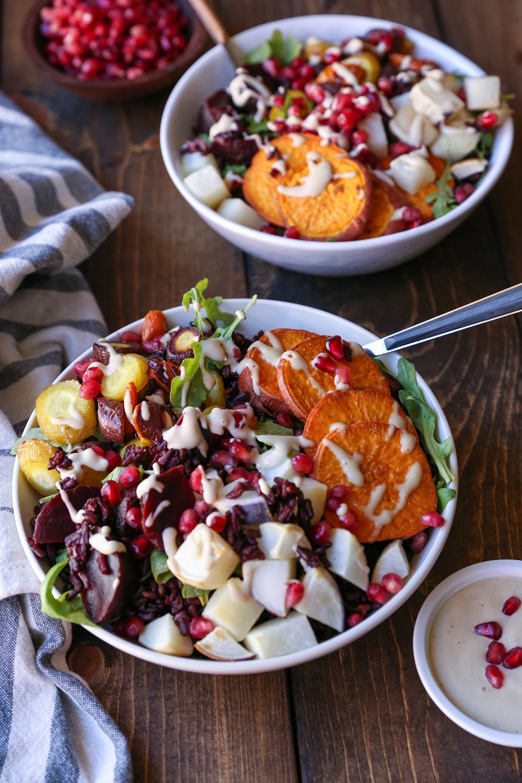 Roasted Winter Vegetable Rice Bowls with Nutmeg Tahini Dressing - a nutritious vegan meal | TheRoastedRoot.net #vegetarian #glutenfree #vegan #almostpaleo #lovebeets